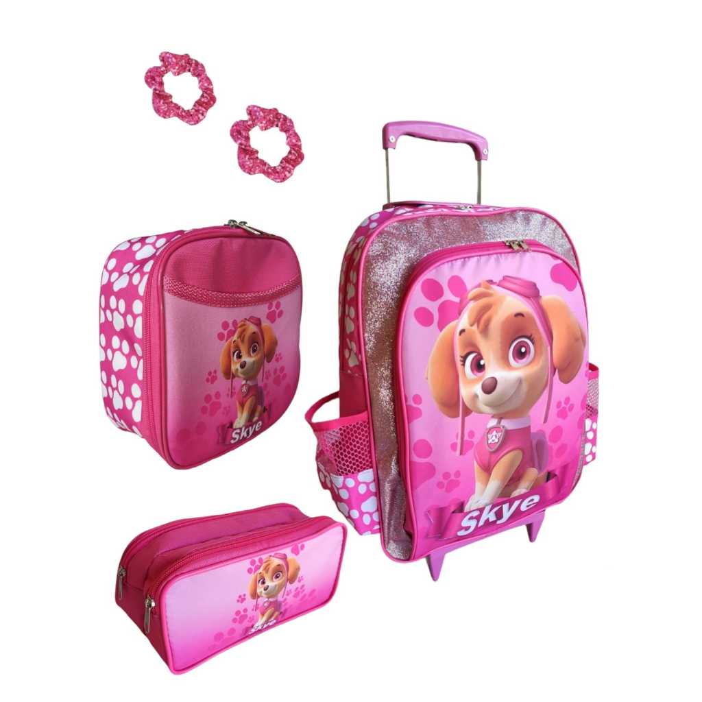 KIT MOCHILA DE RODINHAS SKYE INFANTIL MENINAS PATRULHA CANINA ESCOLAR ROSA REFORÇADA MOCHILETE