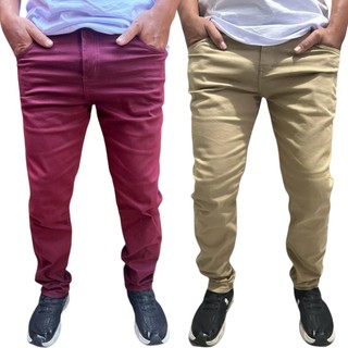 2 calças masculina jeans e sarja com elastano slim básica lisa promoção oferta envio rápido