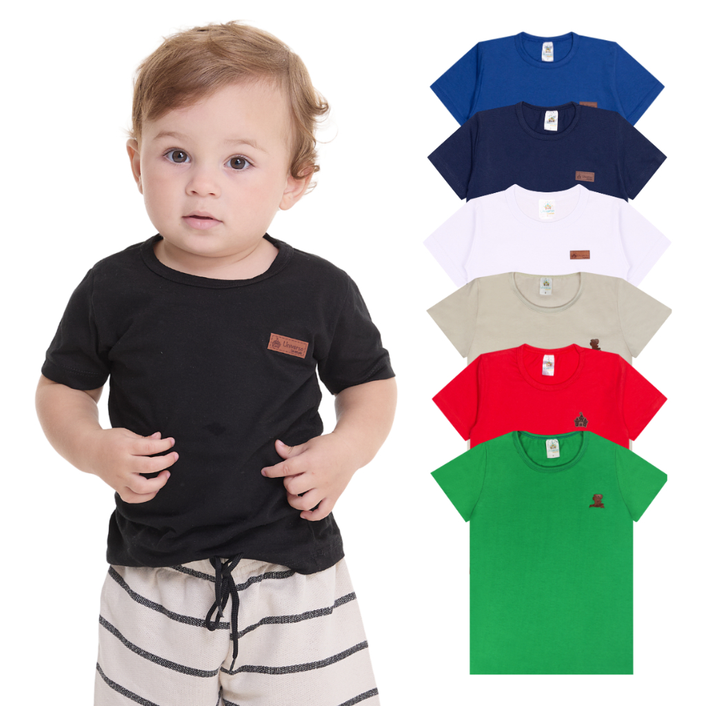 Kit 3 Camisetas Manga Curta Infantil Bebê Menino Básica Lisa Tamanho 2 ao 12 100% Algodão