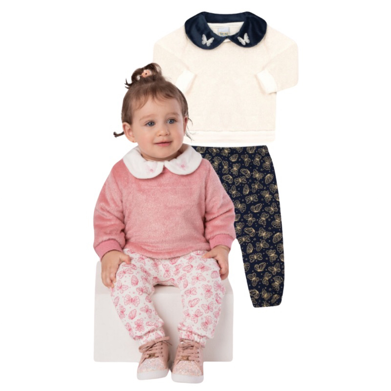 Conjunto Infantil Bebê Menina Casaco Pelo c/ Foil Rosa e Calça Saruel Moletom -Tam M 14001 de