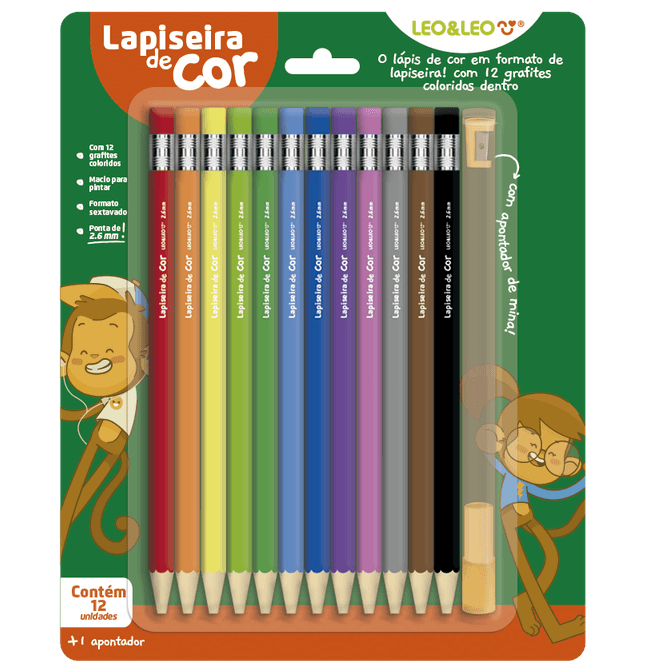 LAPISEIRA DE COR/GRAFITE COLORIDO 2.6 - BLISTER C/ 12 CORES + APONTADOR LEO&LEO. em Oferta na Shopee