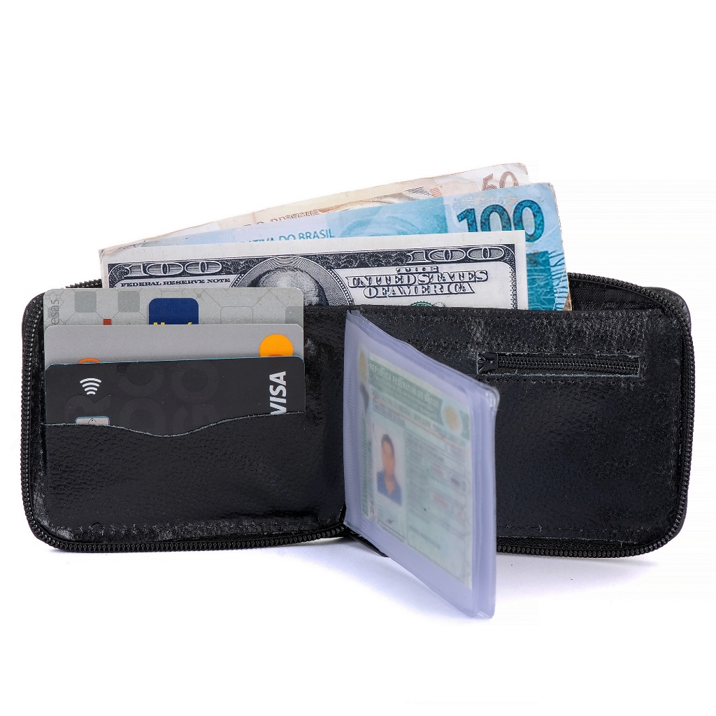 Carteira Masculina de couro Preta  com Zíper, multifuncional. Envio Imediato.