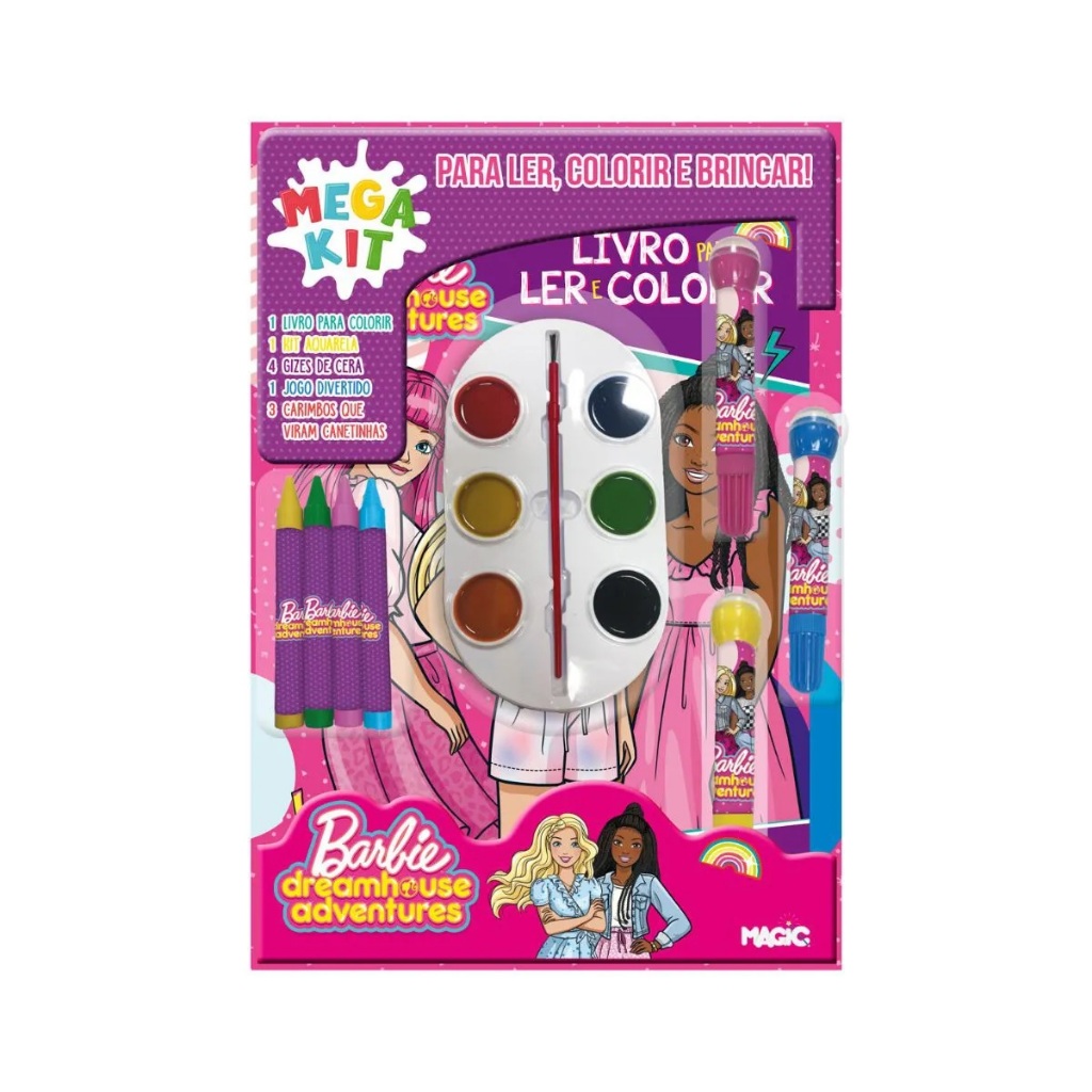 Megakit Livro Infantil Colorir - Barbie - Ler, Colorir E Brincar - Com Giz De Cera Canetinha Aquarela