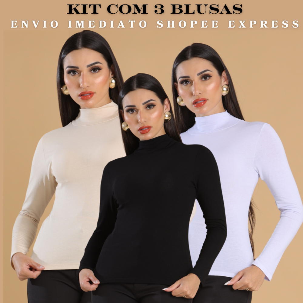 KIT 3 Blusas Feminina Cacharrel Gola Alta Manga Longa Viscolycra Segunda Pele cores da mod...