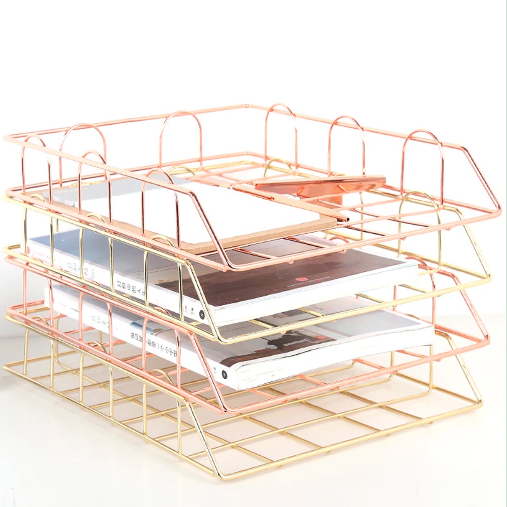 Bandeja Organizadora Empilhável Rose Gold em Metal Aramado - kawaii - Papelaria fina  Organizador de Metal Rose