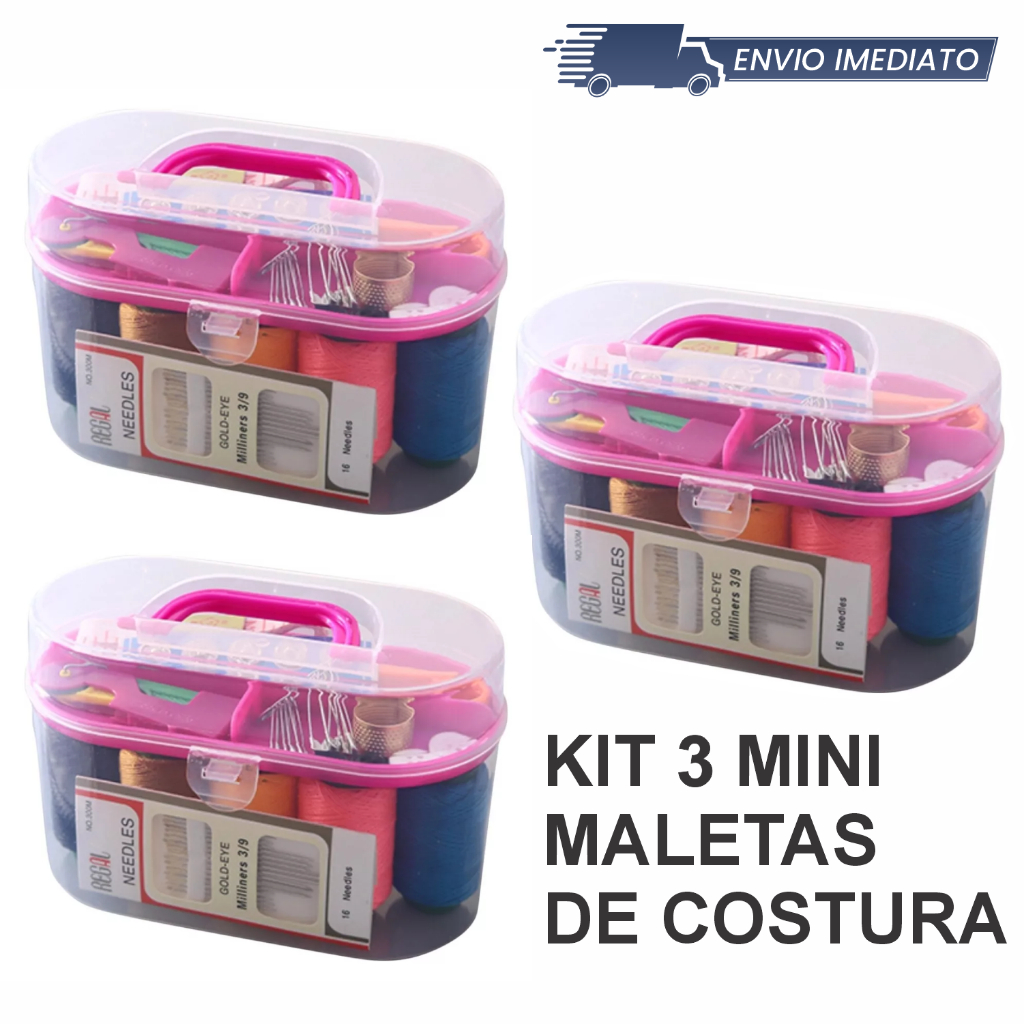 Kit 3 Mini maletas De Costura 35 Peças Tesoura Botão Agulha Maleta Viagem Linhas Organizador