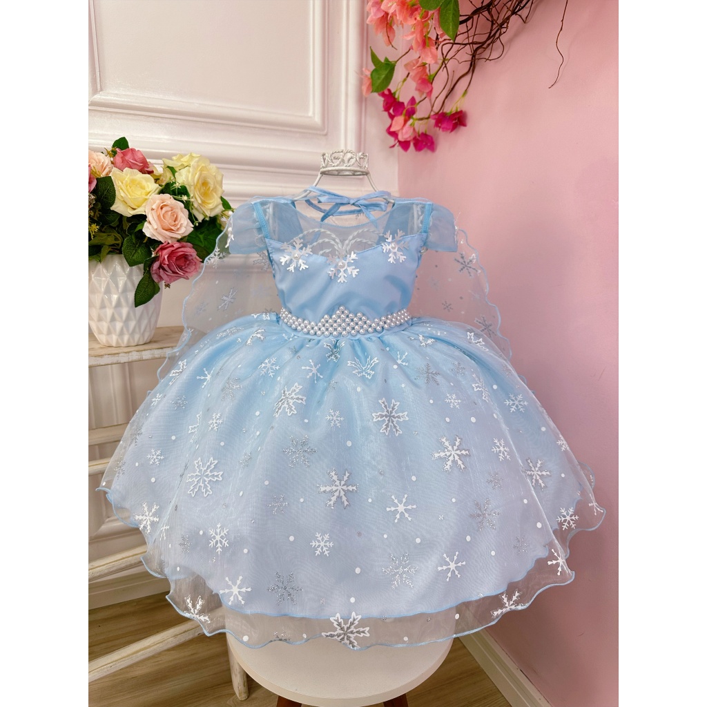 Vestido Infantil Frozen 2 Fantasia da Elsa Flocos Neve Festa Menina C/ Capa 1 a 12 Anos