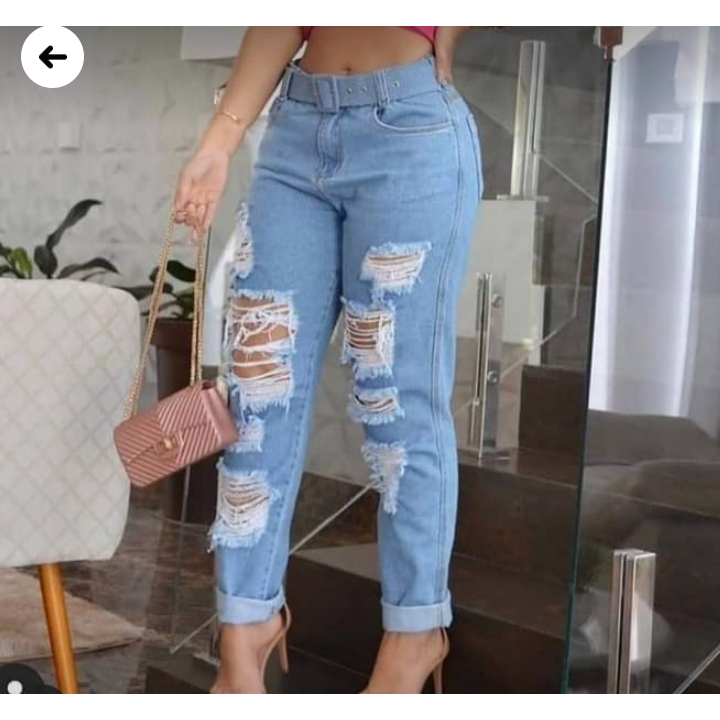 Calça MOM Jeans Destroyed 100% Algodão Cintura  Alta Calça Jeans Feminina