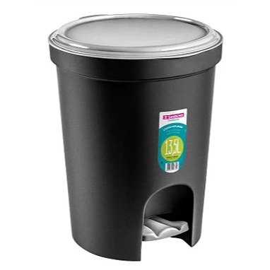 LIXEIRA 13,5 LITROS PLASTICA REDONDA COM PEDAL COR PRETA TAMPA CINZA SANREMO