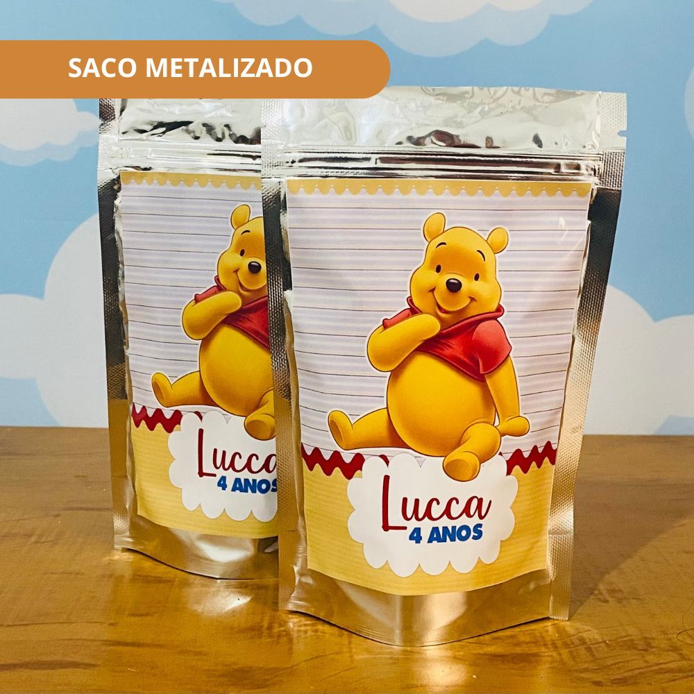 Saco Metalizado Personalizado Ursinho Pooh  - Tamanho 12x19cm