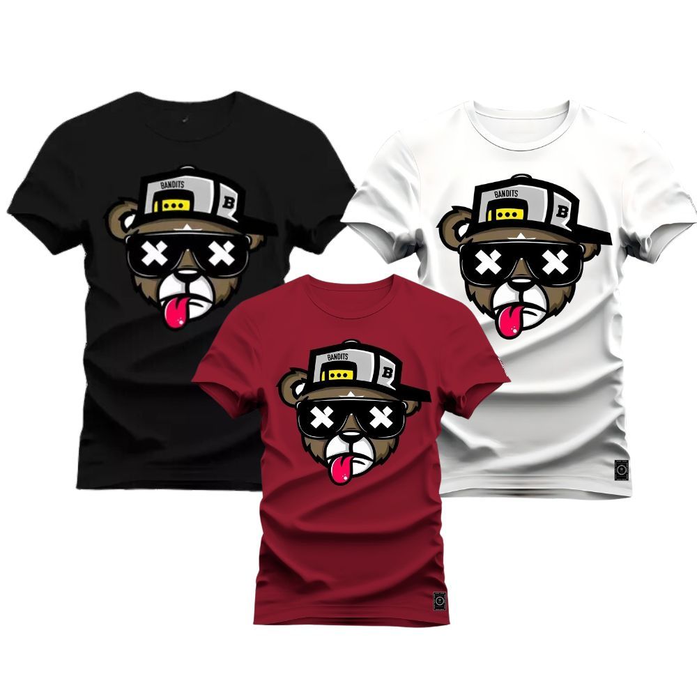 Kit 3 Camiseta Blusa Urso Boné Bolado Premium Em Algodão