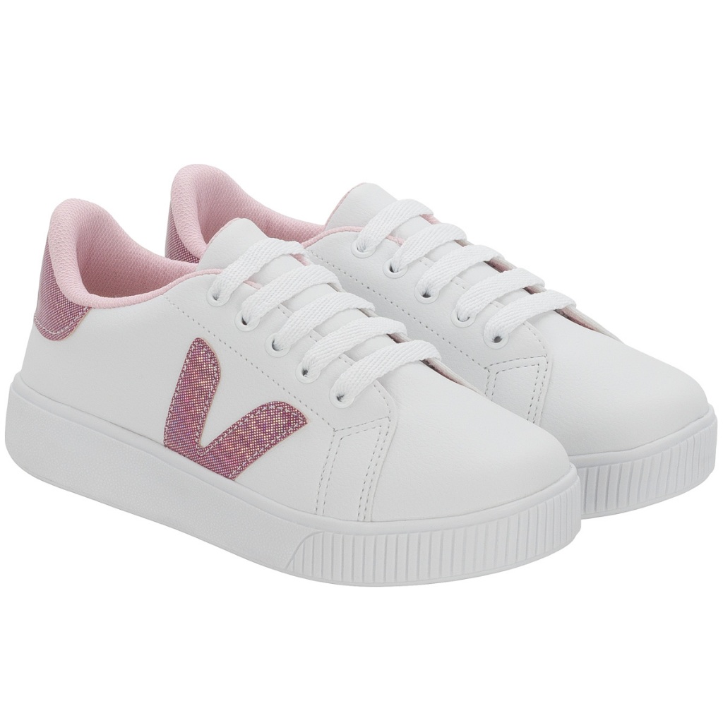 Tênis Casual Infantil Menina Confortável Branco Rosa