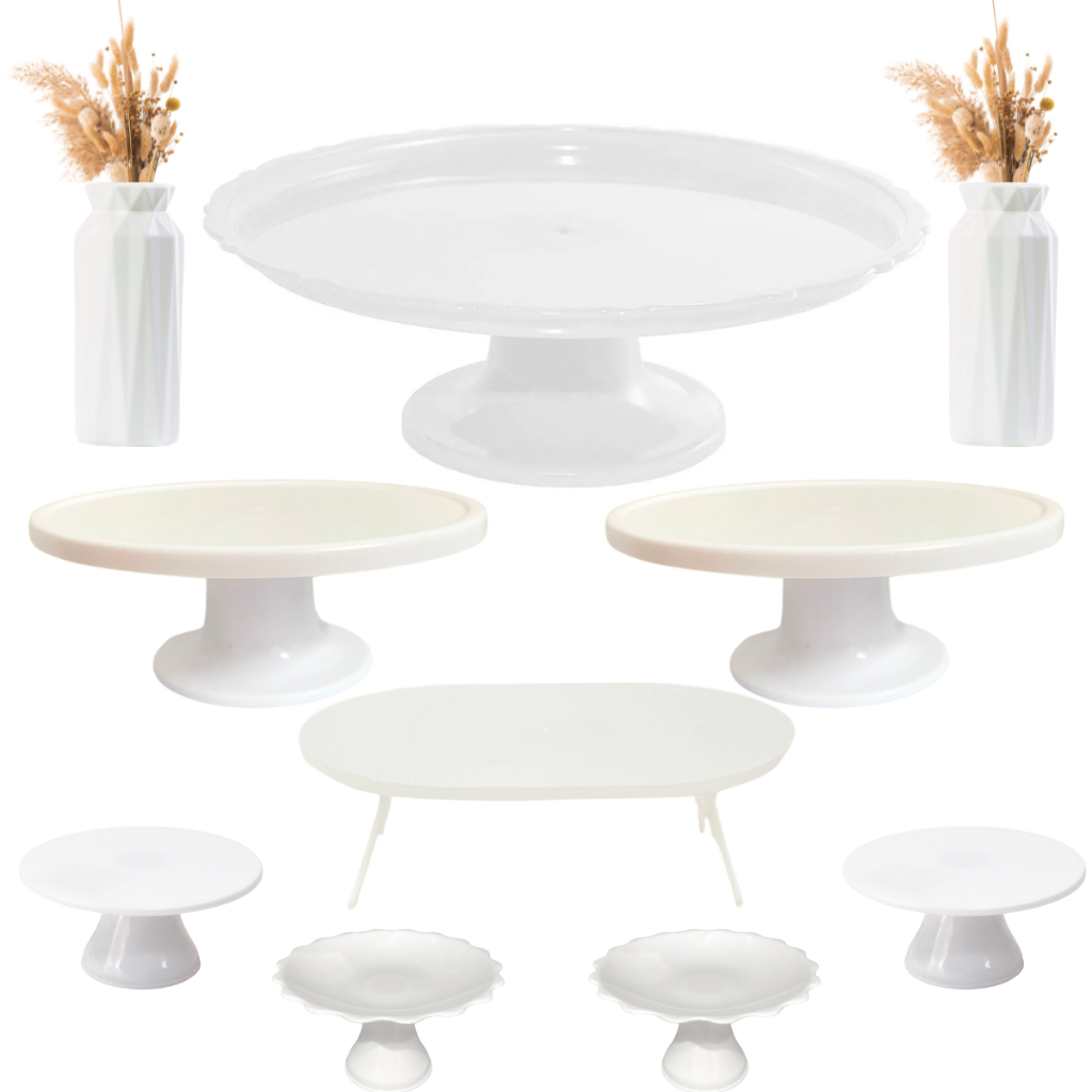 Kit 1 Boleira Redonda 27cm + 2 Suporte Doces + 4 Mini Cakes Enfeite + 1 Mesinha Decorativa + 2 Vasos Flores Decoração De Festa