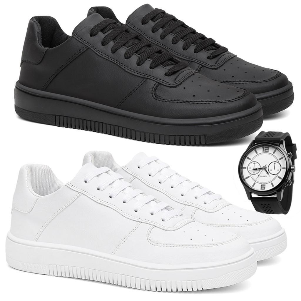 Tenis Masculino Air Kit 2 Pares Preto Branco Basico Para Caminhada Treino Ortopédico Force + Relógio