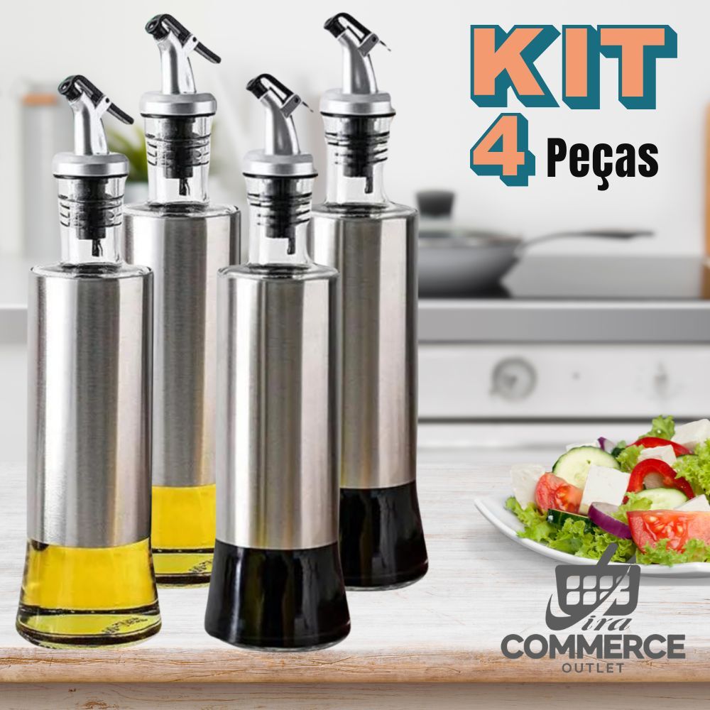 Kit Galheteiro 500ml Porta Azeite e Vinagre de Vidro Premium e Aço Inox com Dosador 500ML