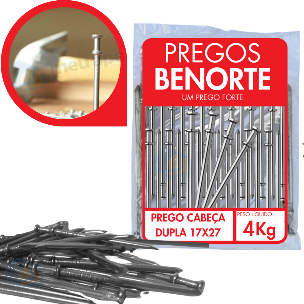 Prego Com Cabeça Dupla Polido 17x27 4kg Benorte 960 Unidades Madeira Construção Pallets Móveis MDF