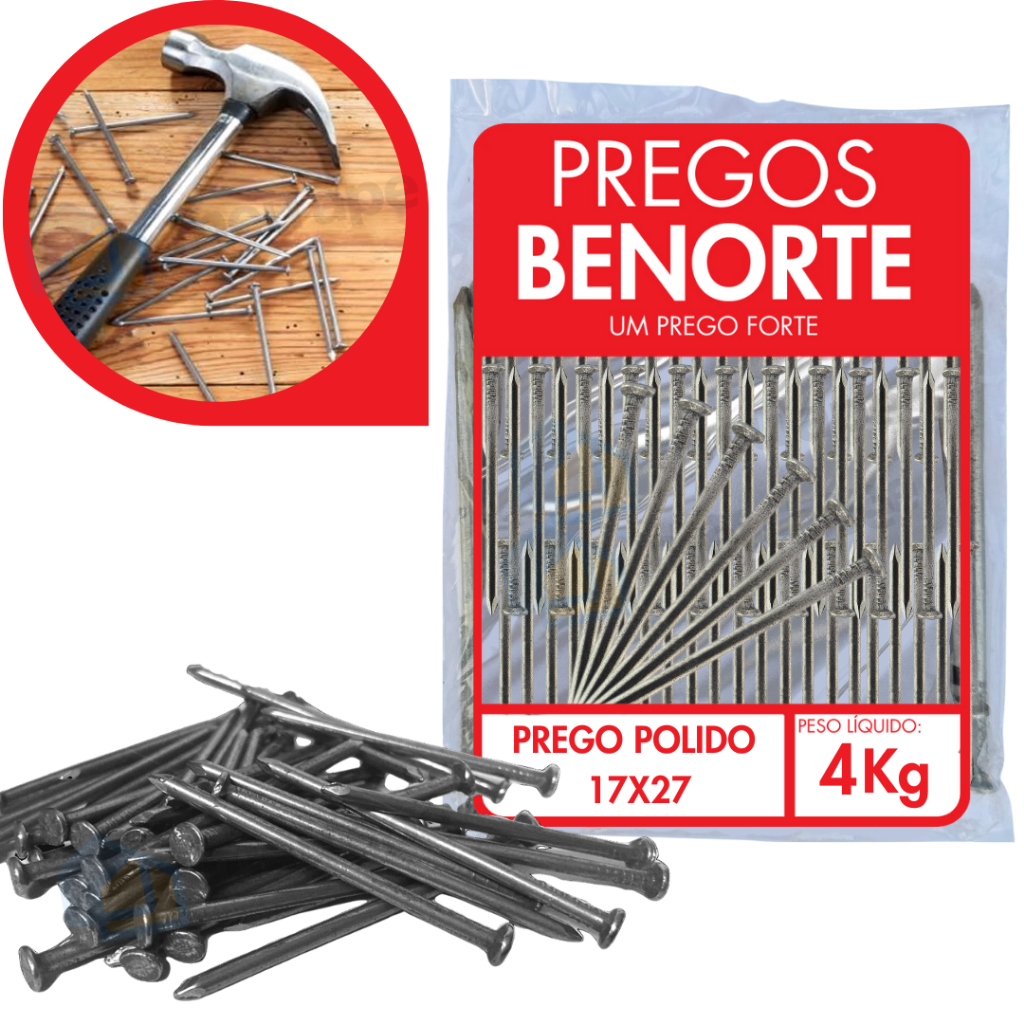 Prego Com Cabeça 17x27 4kg Aço Polido Benorte  960 Unidades Madeira Construção Pallets Móveis MDF