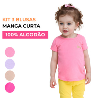 Kit 3 Blusa Manga Curta Infantil Bebê Menina 100% Algodão Lisa Básica em Oferta na Shopee