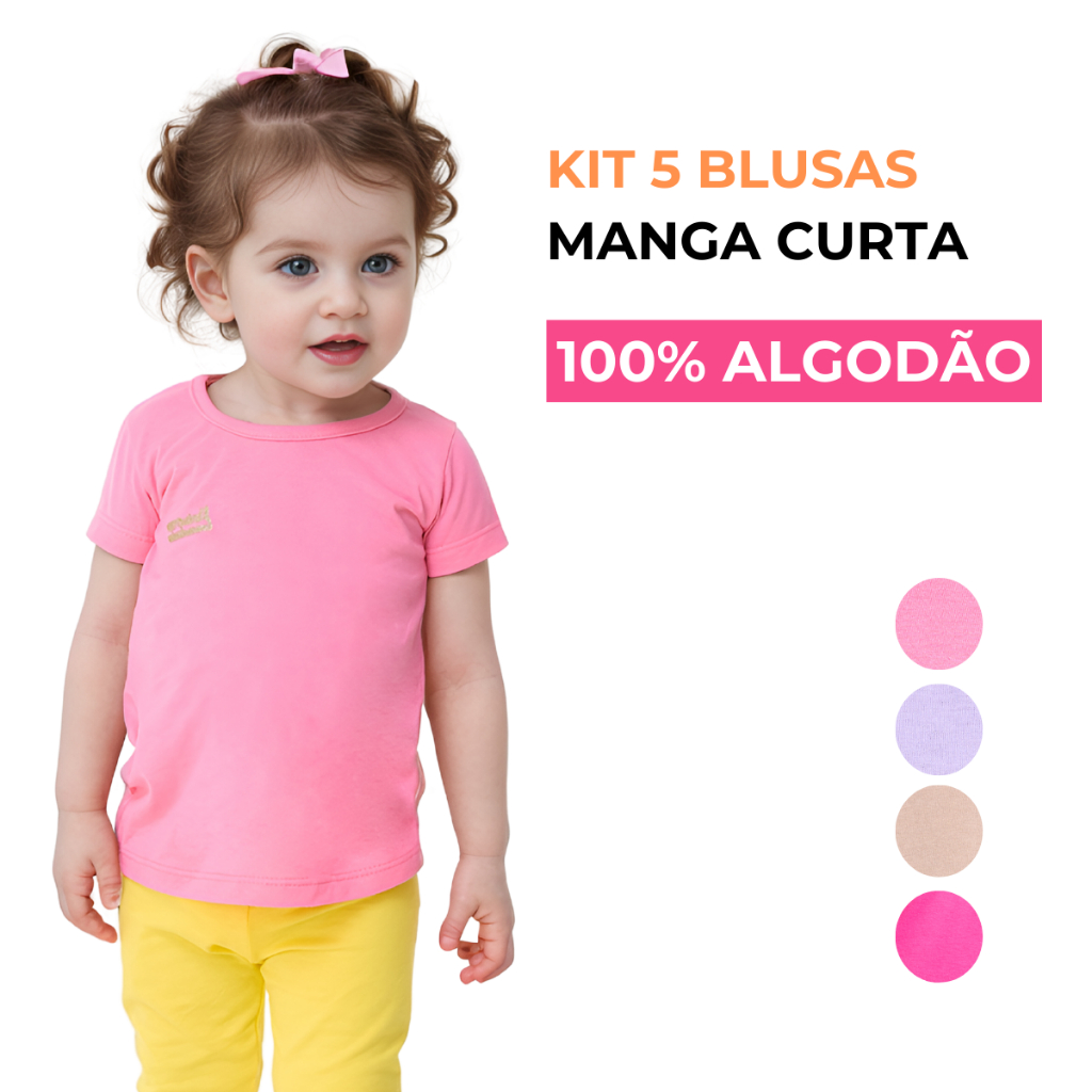 Kit 5 Blusa Manga Curta Infantil Bebê Menina 100% Algodão Lisa Básica em Oferta na Shopee