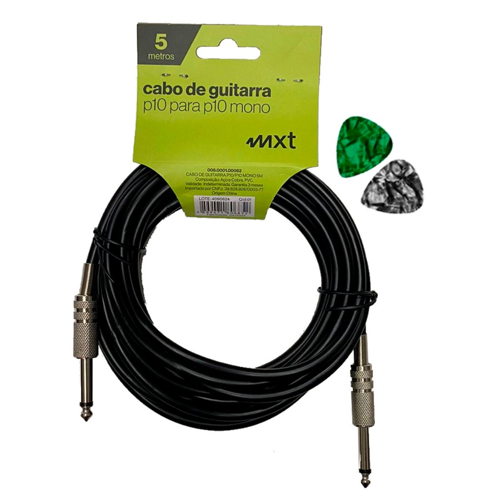 Cabo Violão Guitarra Baixo Instrumentos P10 P10 Mono 5 Metros + 2 Palhetas em Oferta na Shopee