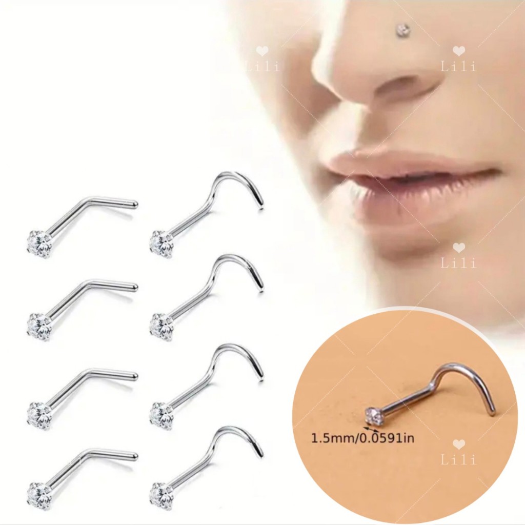 Kit  12 Peças ,Piercing de Nariz em Aço cirúrgico com Zircônia 1.5mm Incrustada