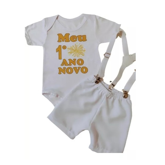 Roupa Bebê Menino Conjunto Meu Primeiro Ano Novo Festa infantil Body Branco, Short e Suspensório