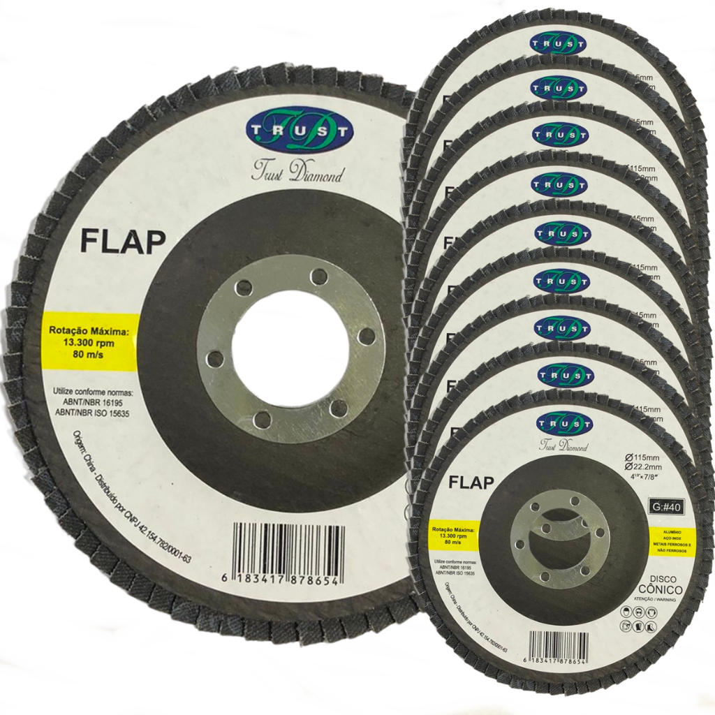 Kit 10 Discos Flap 4.1/2 Pol Grão 40 e 80 Reforçado Cônico Lixadeira - Trust Diamond