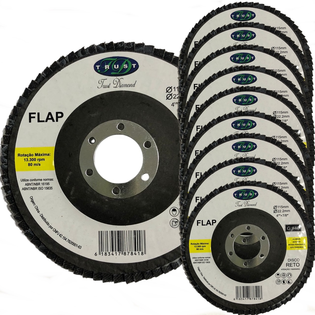 Kit 10 Discos Flap 4.1/2 Pol Grão 40 e 80 Reforçado Reto Lixadeira - Trust Diamond