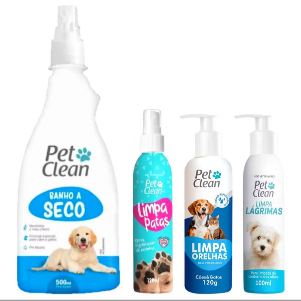 Kit Banho a Seco + Limpa Patas + Limpa Orelha + Limpa Lágrima Para Cães e Gatos - Pet Clean
