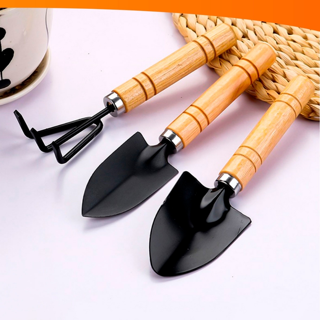 Kit 3 Peças Para Jardinagem Conjunto Mini Ferramentas Madeira Jardim Vaso Planta Horta Cultivo com Ancinho e Pá