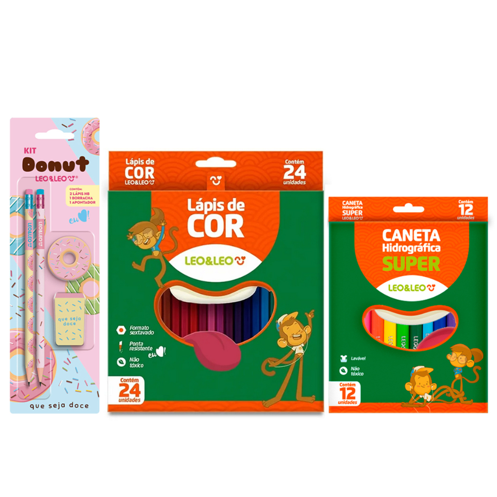 Lápis de cor Redondo 24 Cores + Canetinha 12 Cores + Kit Temático com Lápis Borracha e Apontador - Leo e Leo
