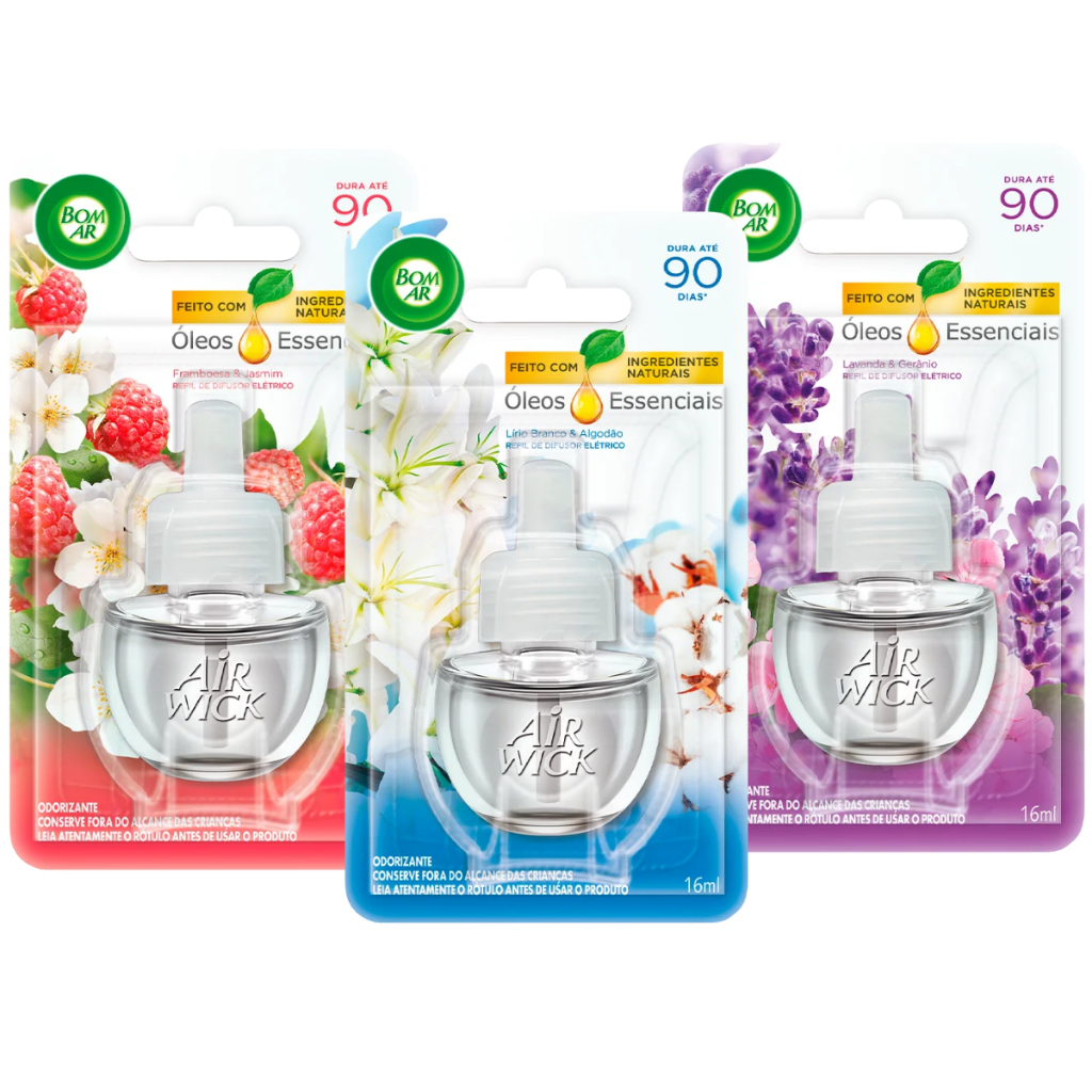 Kit 3 Unidades Bom Ar Refil 16ml -  Framboesa & Jasmim, Lírio Branco & Algodão, Lavanda & Gerânio