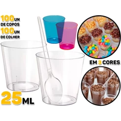 Kit 100 Copo Copinho Potinho Cristal 25ml Acrílico Brigadeiro De Colher Doce Docinho Com Colheres