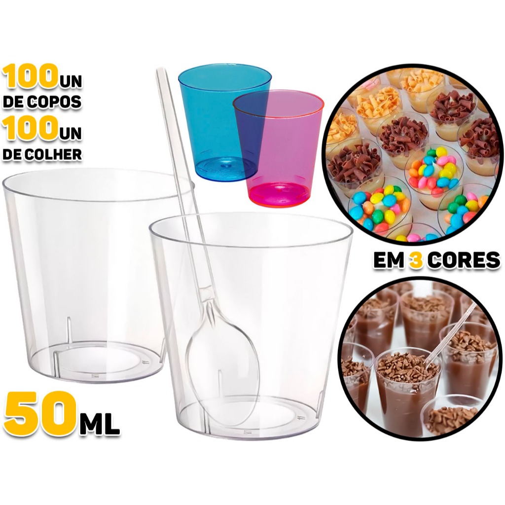 Kit 100 Copo Copinho Potinho Cristal 50ml Acrílico Brigadeiro De Colher Doce Docinho Com Colheres - Home & Living