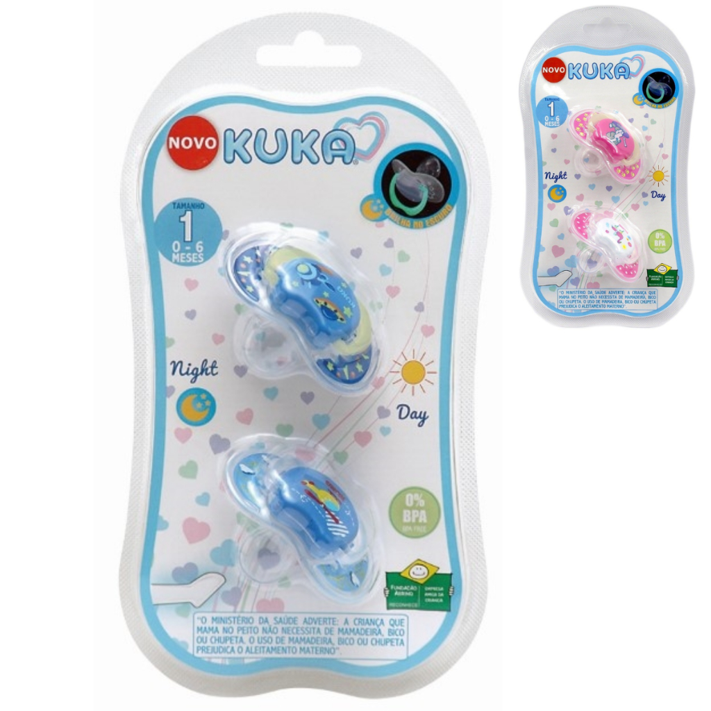 Chupeta Ortodontica Bico Silicone Kuka Luminosa Night&Day - Tam 1 - Azul e Rosa