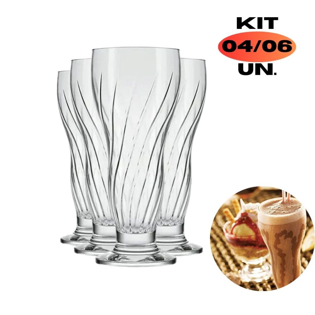 Jogo Kit 04/06 Taças Sorvete Milkshake Vidro Clube 360ML Cristalino  Sorveteria Buffet Mesa Posta