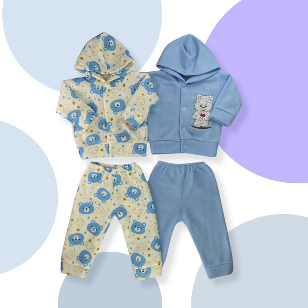 Kit 4 Peças Roupa Infantil Bebe Inverno Conjunto Soft Liso + Estampado Com Capuz