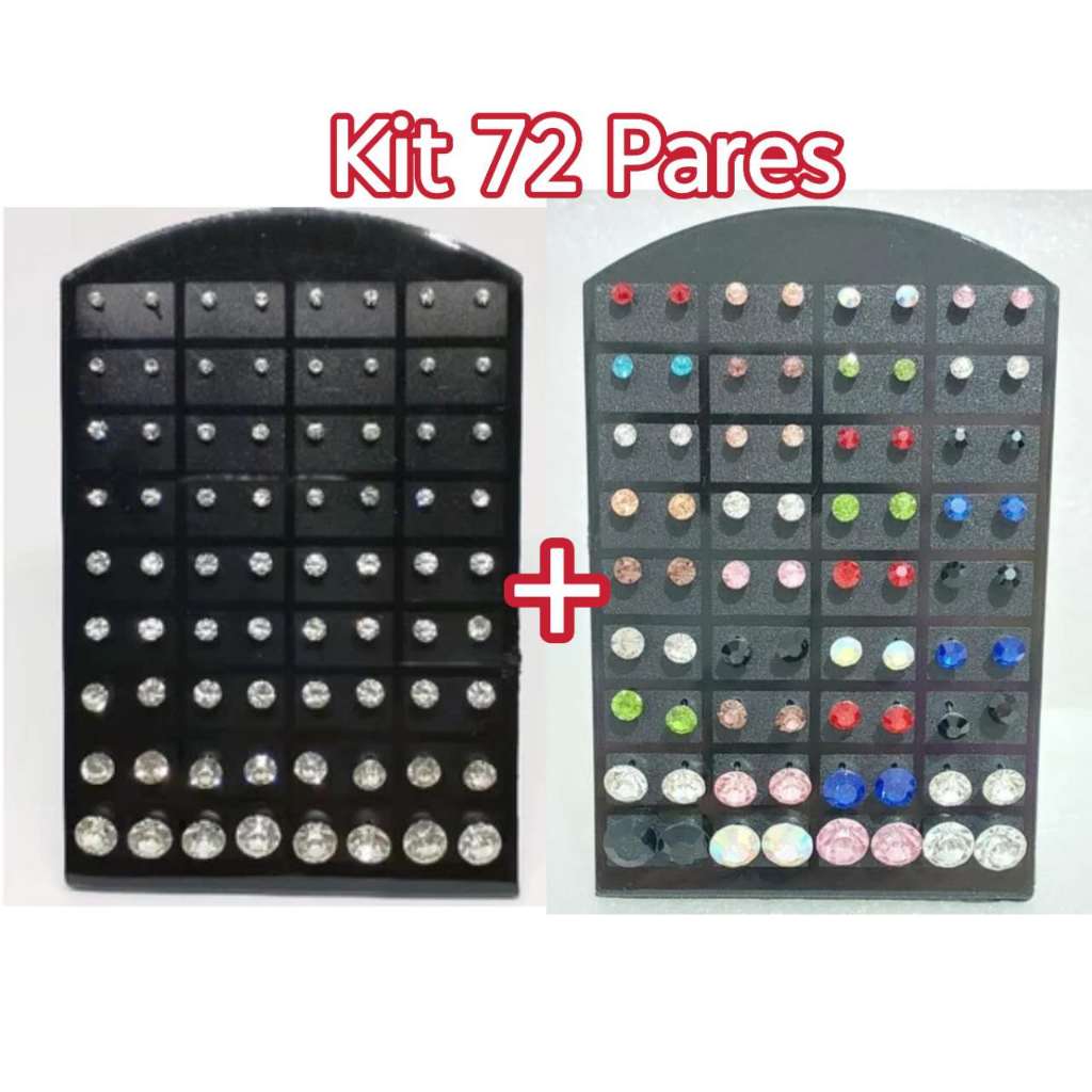 Kit 72 Pares Brinco de Aço Inox Cirúrgico Pedra Prata Colorido Antialergico Não Enferuja