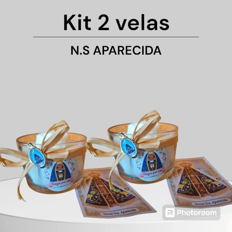 kit 02 velas católicas religião Nossa Senhora Aparecida perfumada com pingente e oração presente lembrancinha promoção