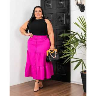 Saia Longa Três Maria Plus Size Com Botões E Cinto Forrado Moda Evangélica em Oferta na Shopee