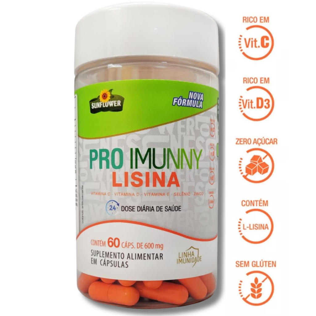 Lisina Com Zinco Para Imunidade Selênio Colágeno Vitamina C D E 60 Cápsulas Sem Açúcar Sunflower