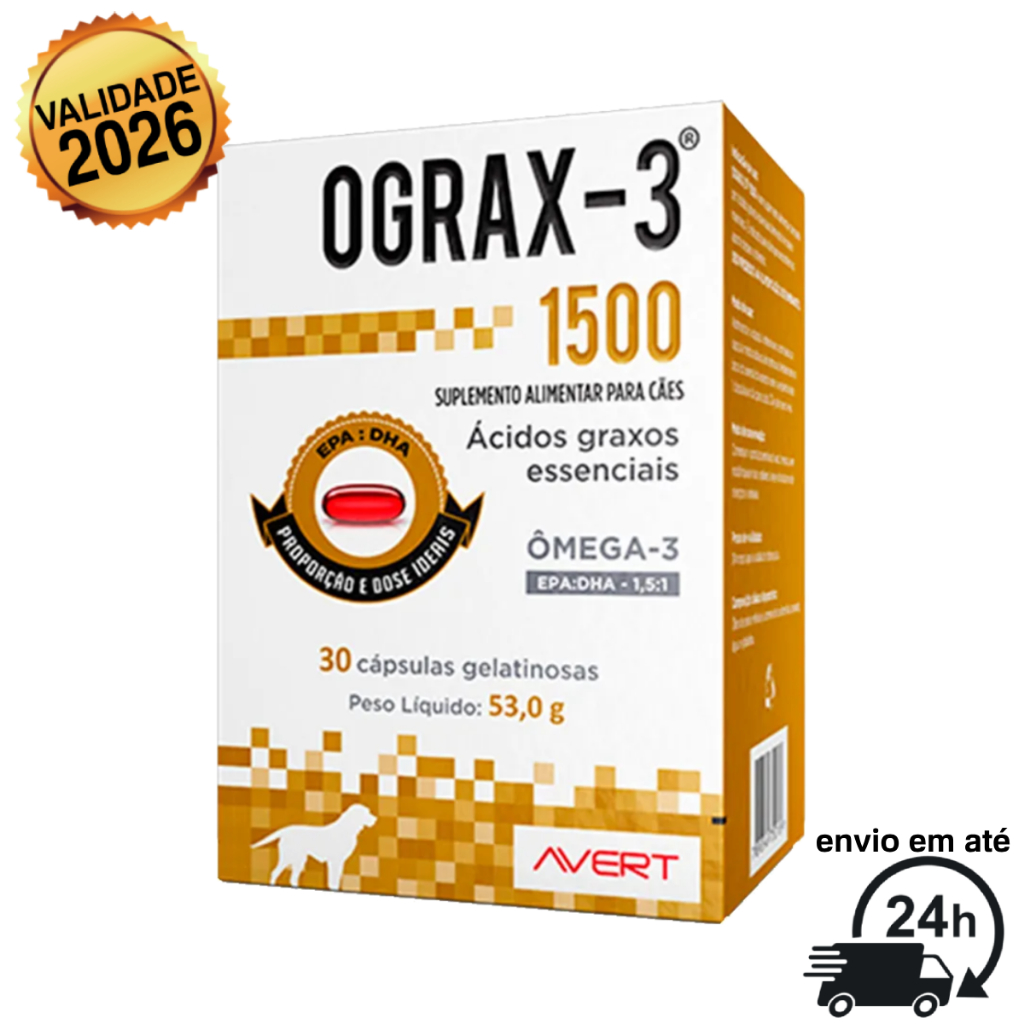 Ograx 1500 mg Suplemento para Cães e Gatos Omega 3 Avert 30 Cápsulas