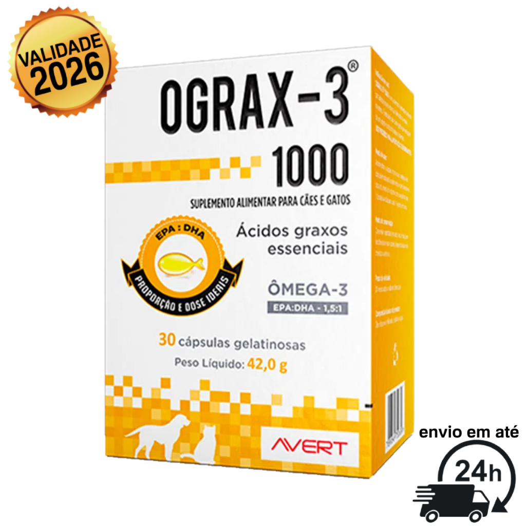 Ograx 1000mg Suplemento Para Cães e Gatos Ômega 3 Avert - 30 Cápsulas