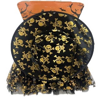 Kit Chapeu e Saia tule Caveira Preto com Detalhes Ouro Acessório e Fantasia Halloween Assustador