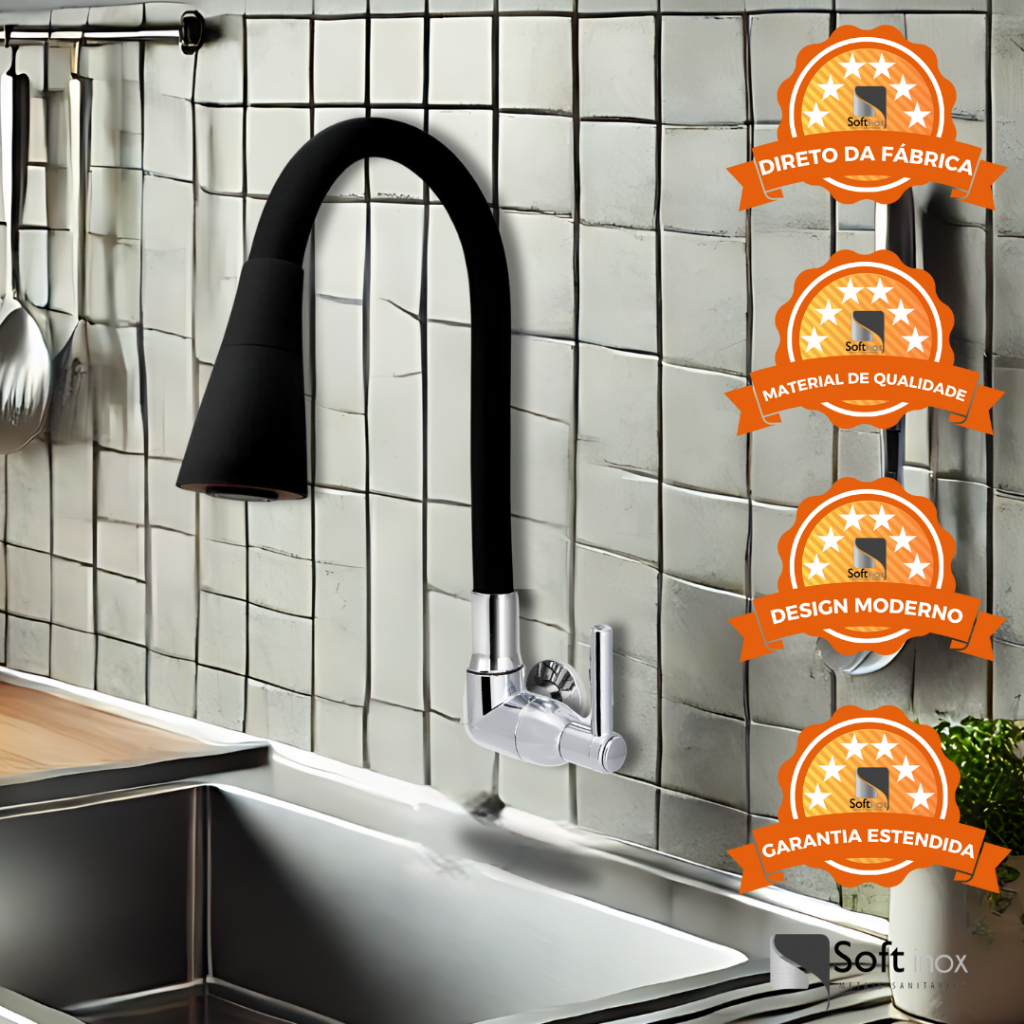 Torneira 2 Jatos de Parede Para Cozinha Cone Preto Base Cromada