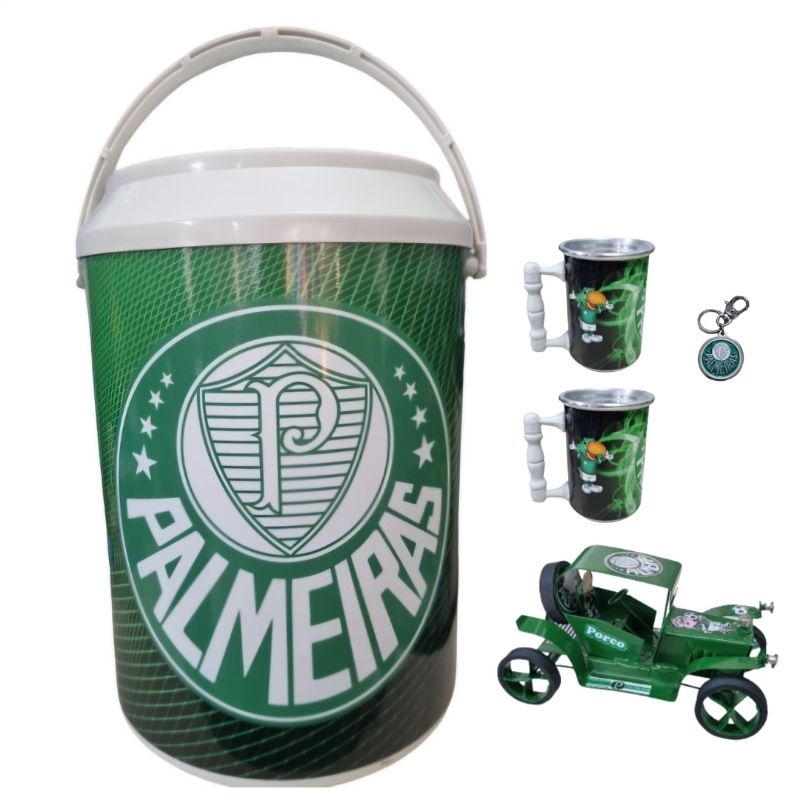 Cooler Térmico Caixa Térmica Palmeiras 2 Copos Térmicos Carrinho De Metal E Chaveiro Com Gancho