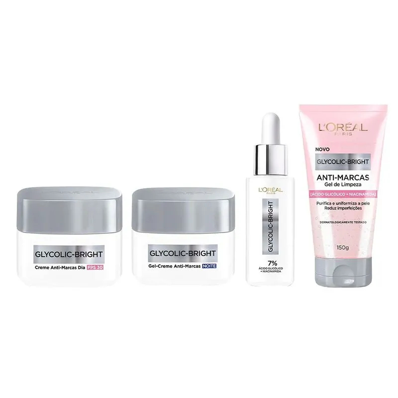 Kit Glycolic-Bright Anti Marcas Gel De Limpeza + Sérum + Creme Dia e Noite L´oreal Paris
