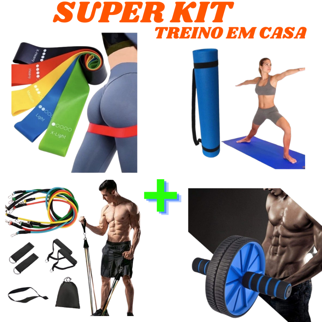 Super Kit Treine Em Casa Kit 5 Faixas Mini Band Elástico Extensor 11 Peças Roda Tapete Yoga Pilates Fitness
