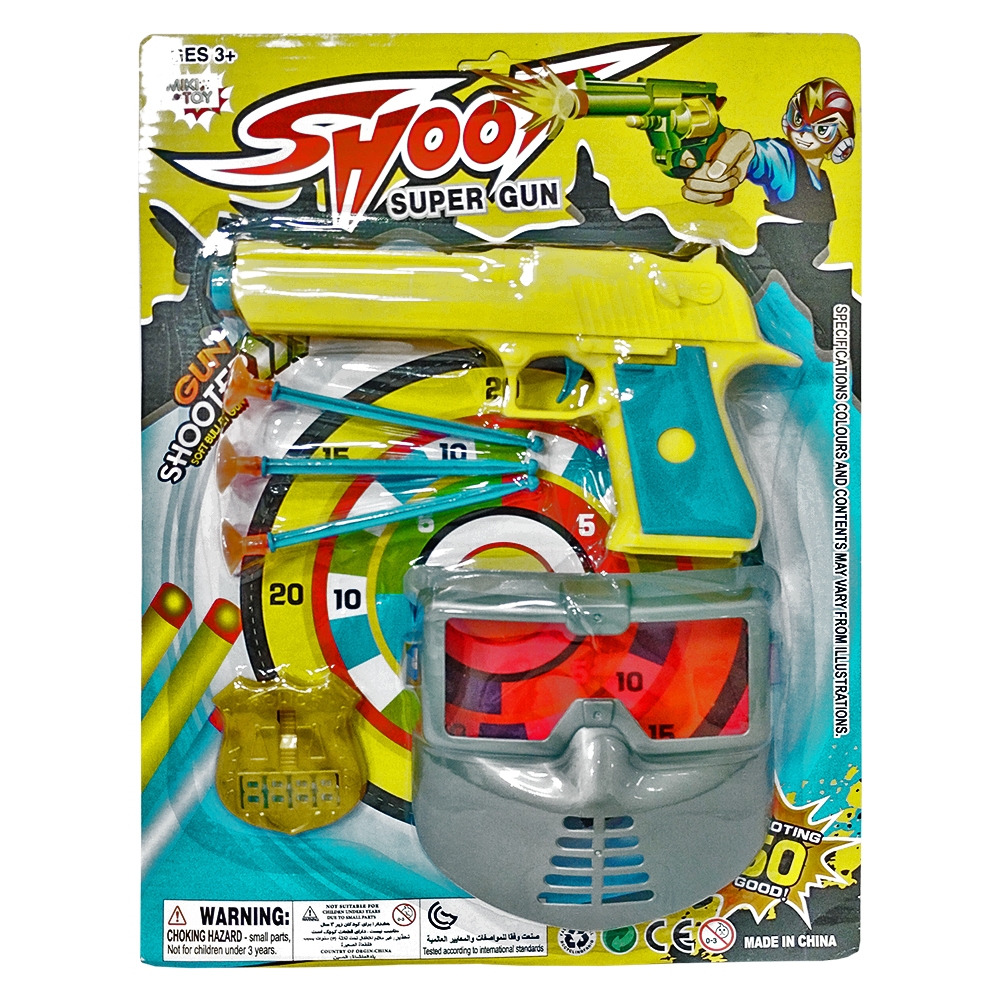 BRINQUEDO PISTOLA / REVOLVER LANCA DARDO VENTOSA COM 3 DARDOS + DISTINTIVO E MASCARA SHOOT SUPER GUN