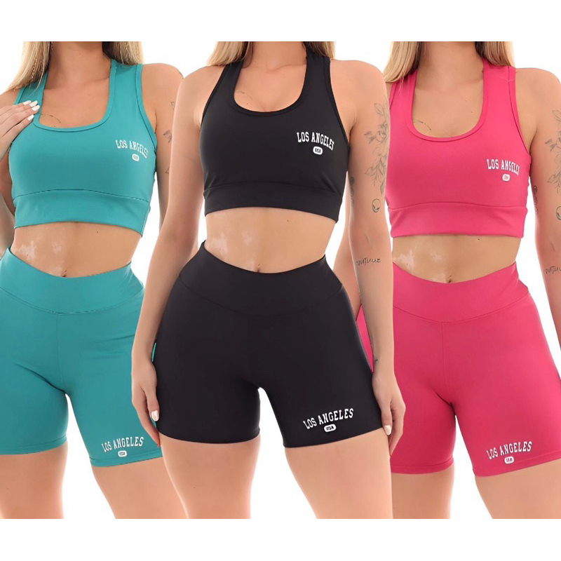 Conjunto Top e shorts Academia Feminina Los Angeles em Oferta na Shopee